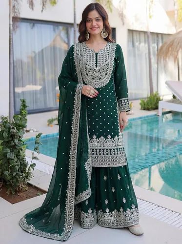 Readymade Embroidery Ladies Designer Sharara Suit, Georgette