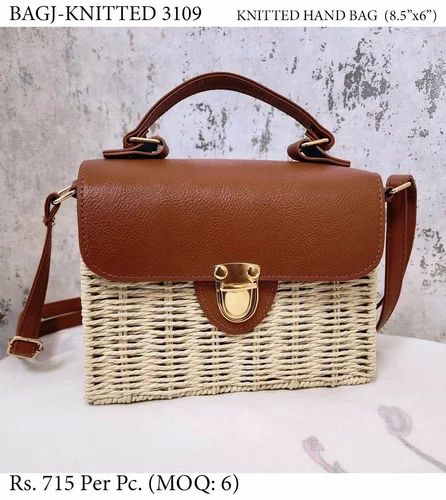 KNITTED ROPE METAL FRAME PU LEATHER 8"x6" HAND BAG 3109