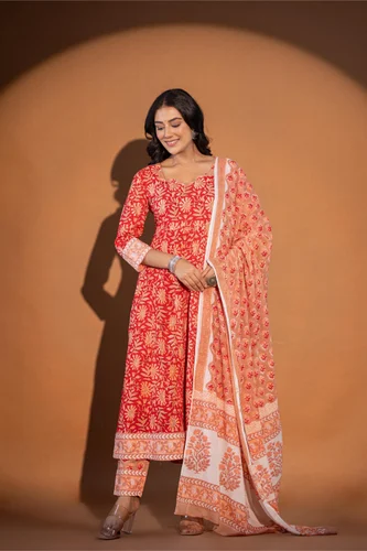 Orange Cotton Printed Anarkali Kurti