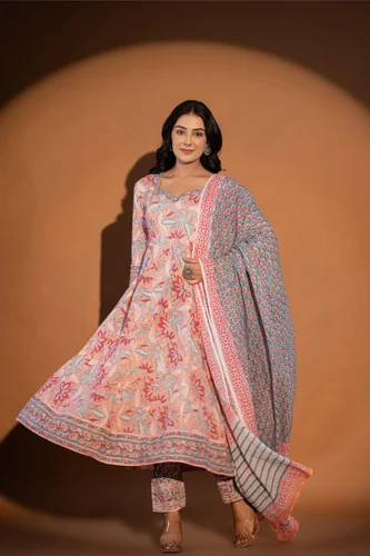 Peach Party Wear Printed Cotton Anarkali Kurti, M