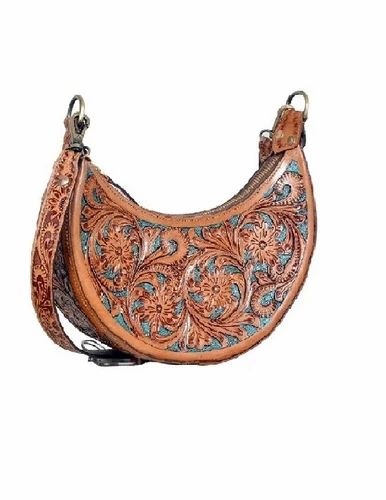 Handmade Tooled Leather Hobo Bag: Floral Western Shoulder Half Moon Bag For Women