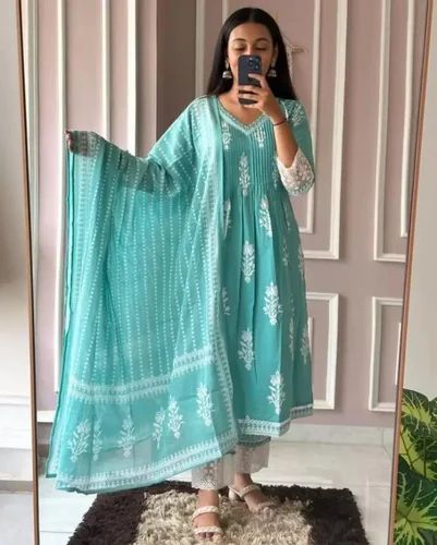 Women's Pure Cotton Embroidery Kurti Kurta Palazzo Dupatta Set, Casual Wear