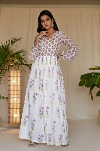 Cotton Anarkali Lilac Blockprint Angrakha Suit with Dupatta - Set of 2, Stitched