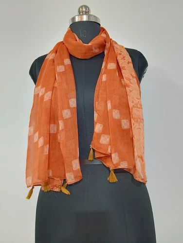 Yellow Rayon Printed Stole With Tassels