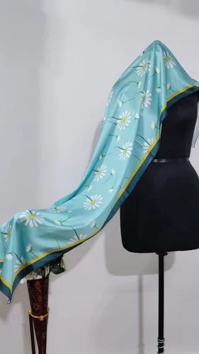 Sky Blue Elegant Floral Satin Silk Stole with Luxurious Finish