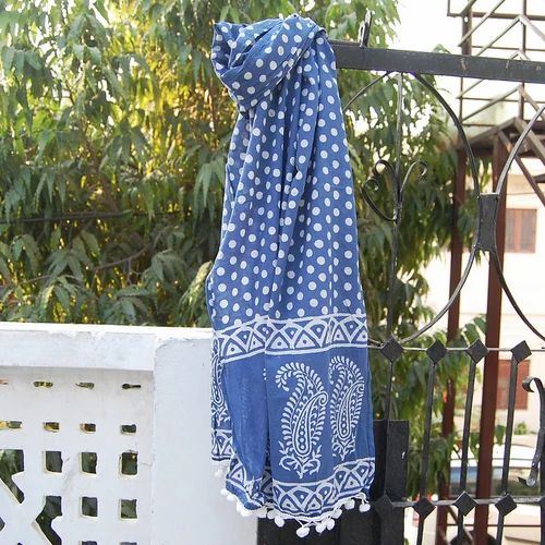 Cotton Scarf, Indigo Blue Polka Dots Block Print Scarf for Ladies