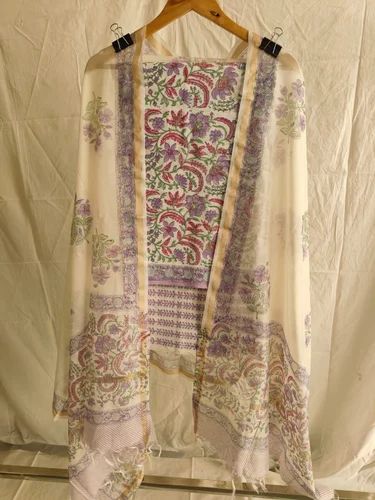 Unstitched Pure Hand Block Printed Cotton Suit With Chanderi Duppata