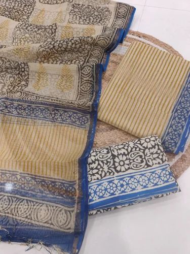 Unstitched Premium Sanganeri Printed Full Kota Doriya Suit, Cotton