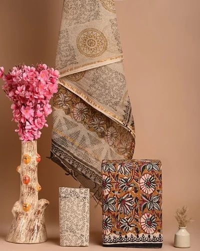 Printed Cotton Suit With Kota Doria Dupatta, Unstitched