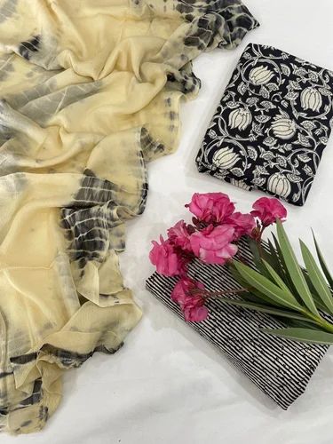 Printed Cotton Suit With Chiffon Dupatta, Unstitched