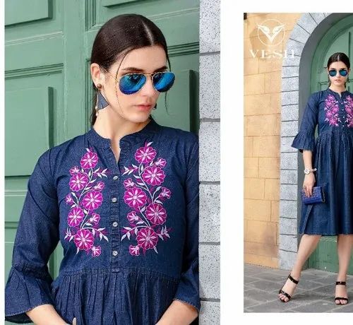 Casual Embroidered Denim Kurti