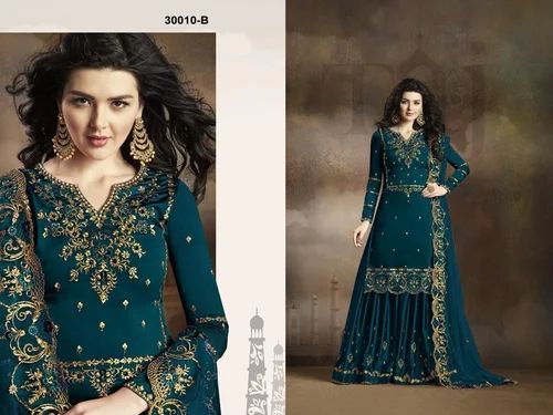 Georgette Designer Embroidered Sharara Suit, mix