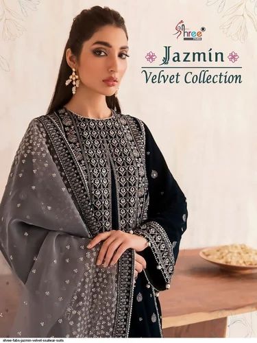 Velvet Embroidered Pakistani Suits, Semi Stitched