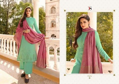 44-45" Green Daria By Deepsy Silk Embroidery Indian Salwar Kameez