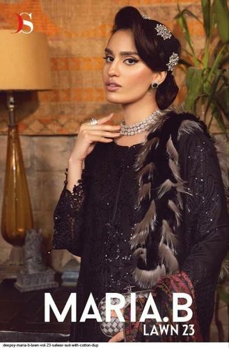 Semistitched Black Pakistani Lawn Suit, Cotton