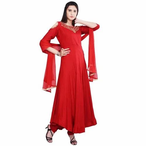 Embroidered Red Silk Frock Suit