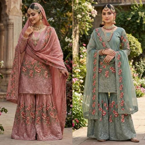 Embroidery Ladies Designer Sharara Suit, Silk