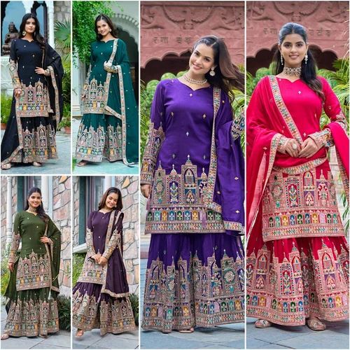 Chinnon With Heavy Embroidery Coding Dori-Sequence Work Top-Bottom And Dupatta Set