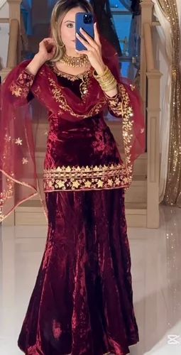Pakistani Printed Velvet Sharara Plazzo Suit with Dupatta (Party Wear)