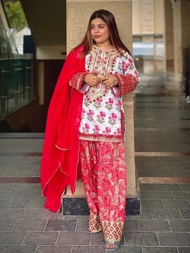 Ladies Designer Crepe Top & Farshi Palazzo With Dupatta Set (Straight Style, Embroidery, Readymade)