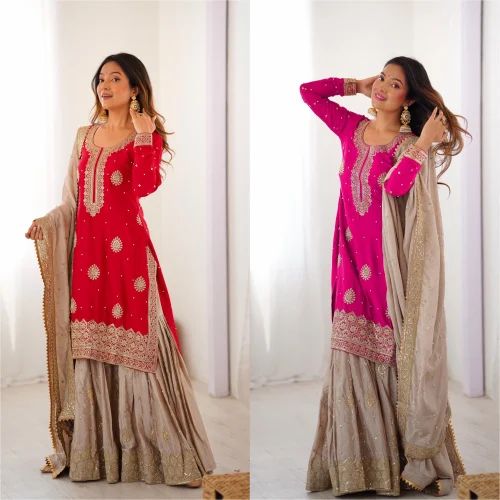 Embroidery Readymade Ladies Designer Embroidered Sharara Suit, CHINON