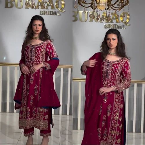 Readymade Pakistani Suit , Pant and Dupatta, Embroidered, Pure Heavy Chinnon