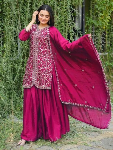 Naira Cut Designer Chinon Sharara Suit, Embroidered