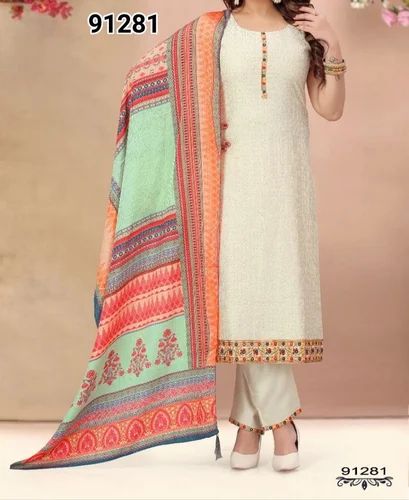 Party Wear Silk Designer Chanderi Suit, Band Collar, Size: 38-48