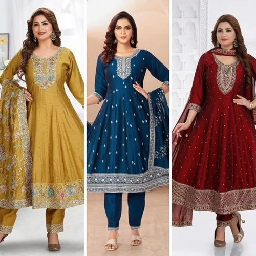 Party Wear Ladies Silk Anarkali Suit, Stitched