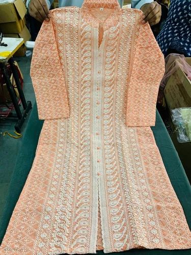 Round Neck Anarkali Cotton Chikan Kurti, Wash Care: Machine wash