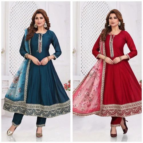 Party Wear Ladies Silk Anarkali Suit, Work: Embroidery, Stitched