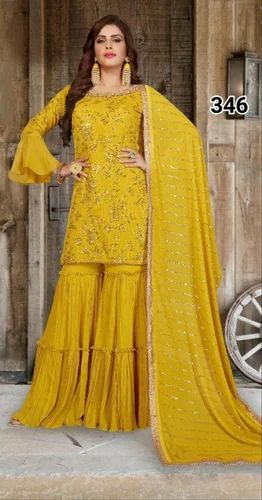 Georgette Embroidery Ladies Designer Sharara, Dry clean