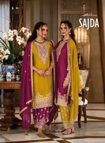 Straight EBA LIFESTYLE SAJDA DESIGNER READYMADE SUITS WHOLESALER EXPORTER, Silk