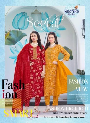 Straight RADHIKA SEERAT VOL 10 RAYON KURTI WHOLESALE EXPORTER