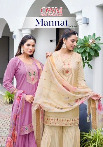 Embroidered OSSM MANNAT VOL 2 ROMAN SILK SHARARA SUIT WHOLESALE EXPORTER