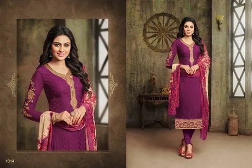 Party Wear Ladies Magenta Embroidered Brasso Churidar Suit