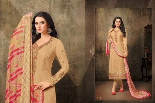 Ladies Cream Embroidered Brasso Churidar Suit