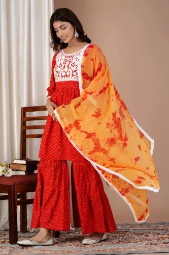 Embroidered Fancy Rayon Kurti Sharara Set, Red