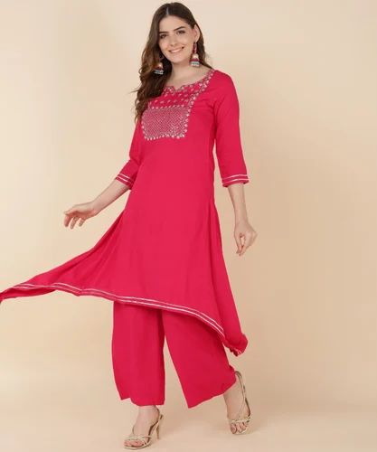 RAYON APPLE CUT KURTA PLAZZO SET, Work: Embroiderded