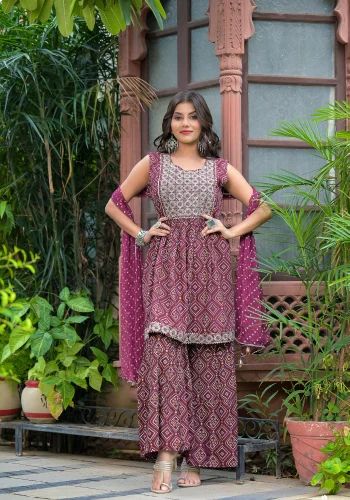 Rayon Embroidered Sharara Kurta Set, Pink