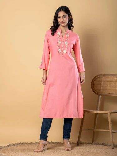 Straight Style Rayon Fabric Peach Color Kurta