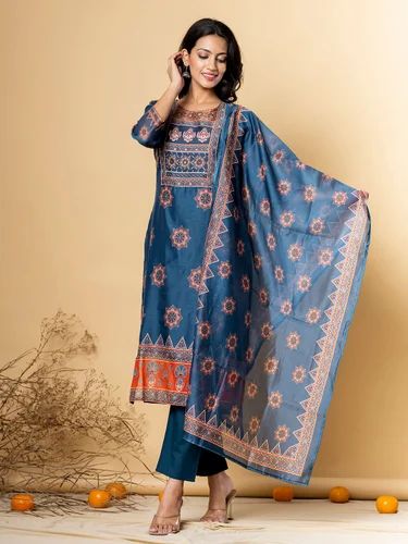 Blue Straight Style Silk Fabric Teal Color Kurta And Bottom With Dupatta, Size: Extra Large