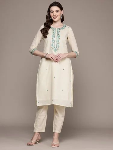 Cotton Off White Ladies Readymade Suit, Printed