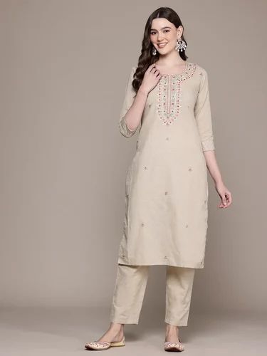 Pure Cotton Straight Style Linen Fabric Brown Color Kurta And Bottom
