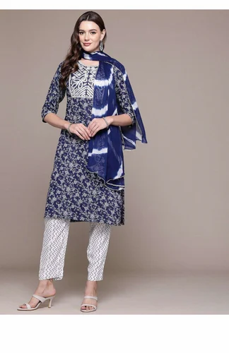Straight style Rayon fabric Navy Blue color kurta and Bottom with Dupatta