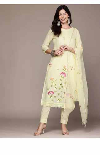 Straight style cotton fabric Yellow color kurta with Bottom and dupatta