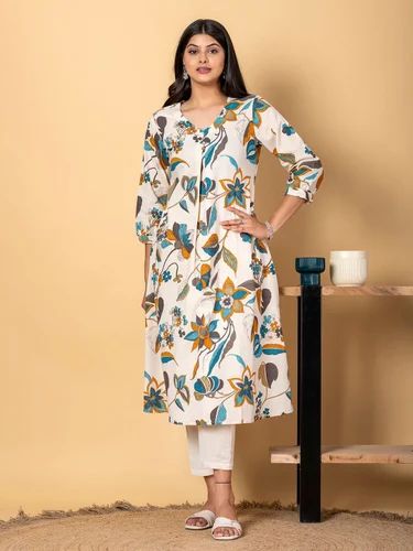 Anarkali Style Cotton Flex Fabric Blue Color Kurta And Bottom, Size: XL