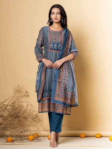 Straight Style Chanderi Silk Fabric Teal Color Kurta And Bottom With Dupatta