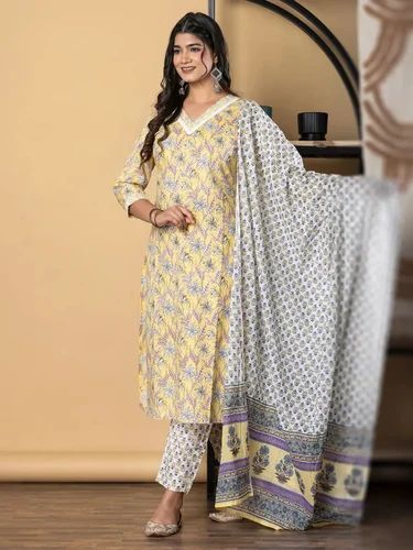 Straight Style Printed Cotton Kurta And Bottom With Dupatta For Ladies (Yellow)