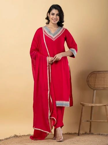 Party Wear Straight Style Silk Fabric Magenta Color Kurta And Bottom With Dupatta
